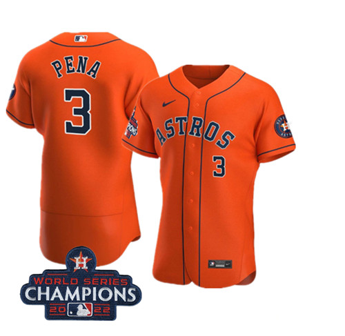 Men's Houston Astros #3 Jeremy Peña Orange 2022 World Series Champions Flex Base Stitched Baseball Jersey